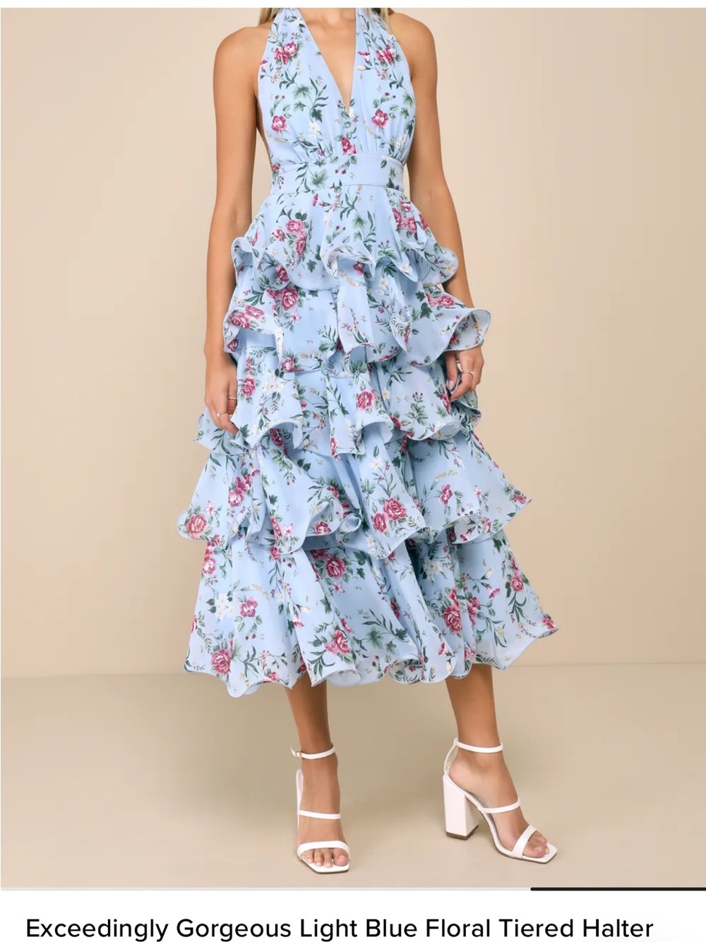 Lulu's Light Blue Floral Tiered Halter Midi Dress - Picture 1 of 3